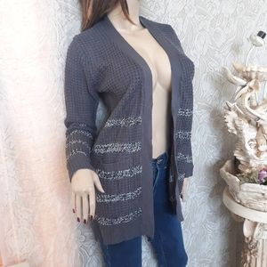 Long Gray Chunky Knit Cardigan Sweater Pockets M